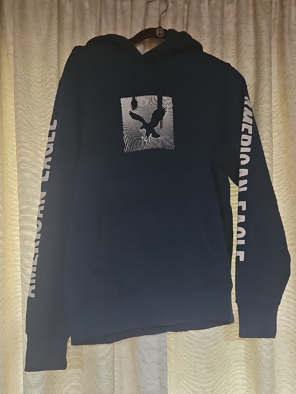 American Eagle Outfitters Dark Blue Graphic Hoodie with Sleeve Logo